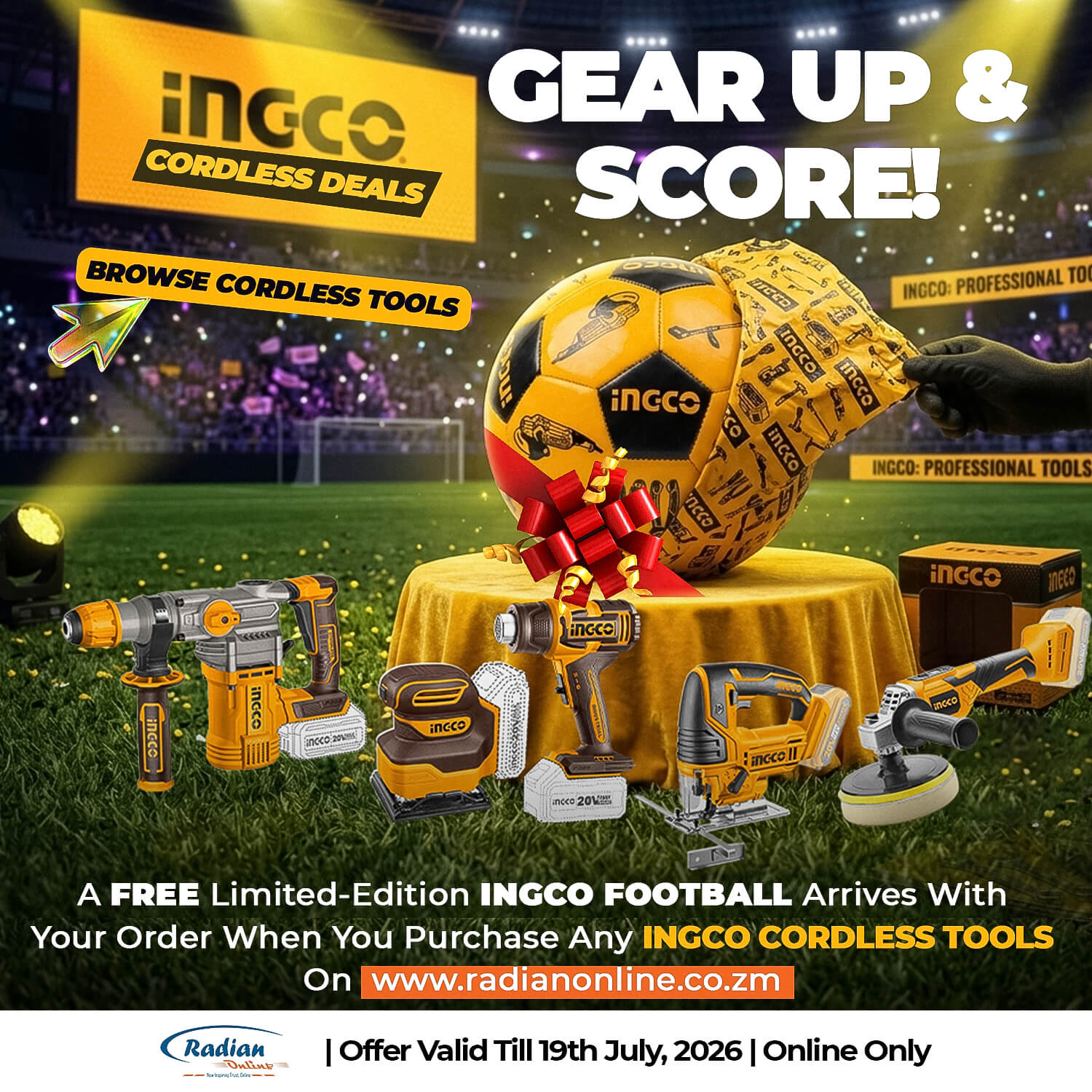 Free Ingco Foot ball with every purchase of an INGCO Cordless Tool